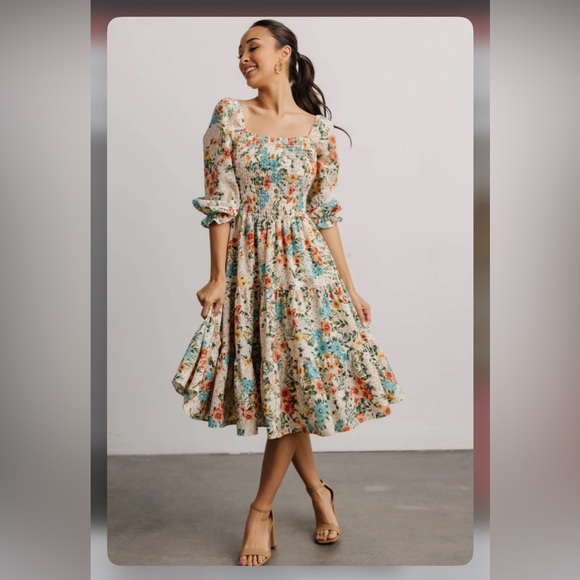 Baltic Born Marta Smocked Midi Dress White Summer Floral - Picture 1 of 13